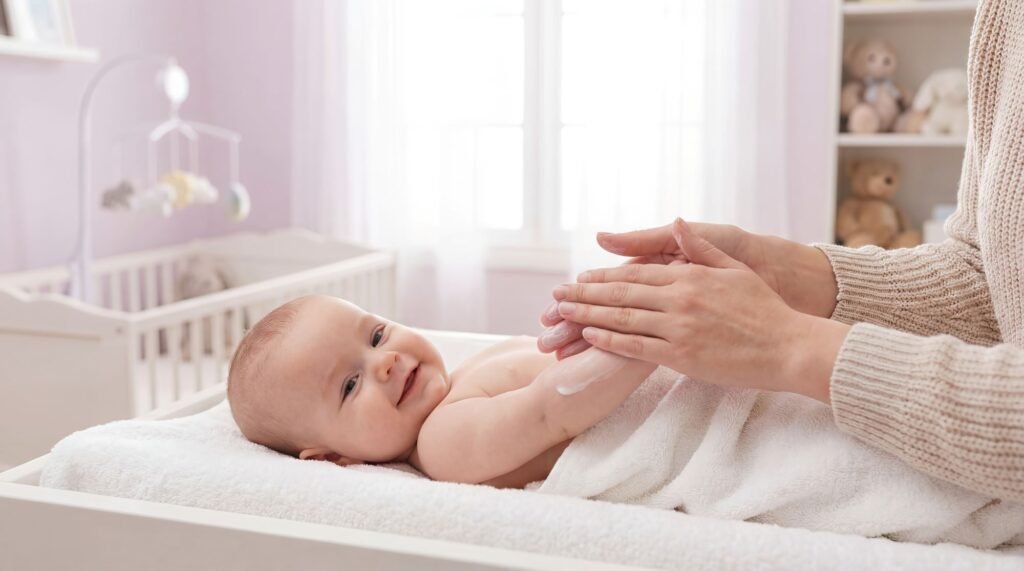 Maman appliquant un produit cosmétique à son bébé