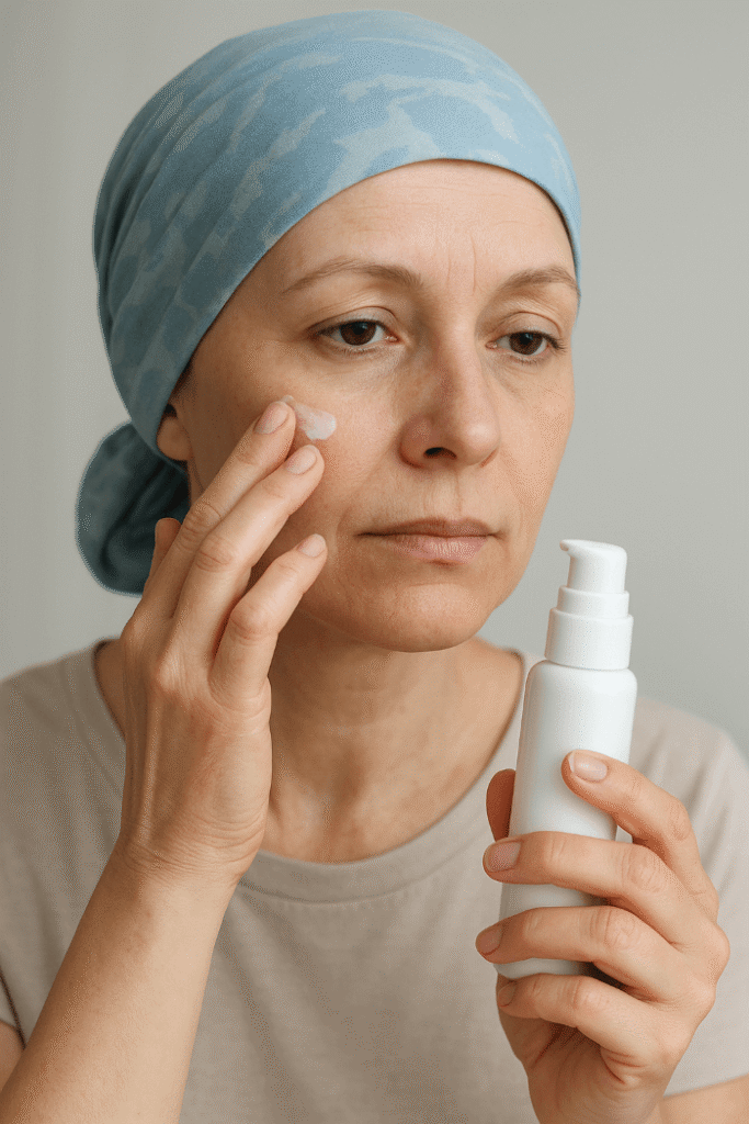 femme sous chimiothérapie appliquant un produit cosmétique